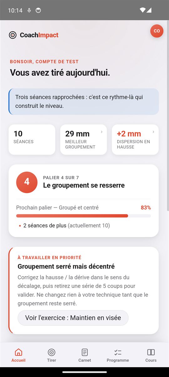 Écran d'accueil de Coach Impact : palier de progression, meilleur groupement et défaut à travailler en priorité.