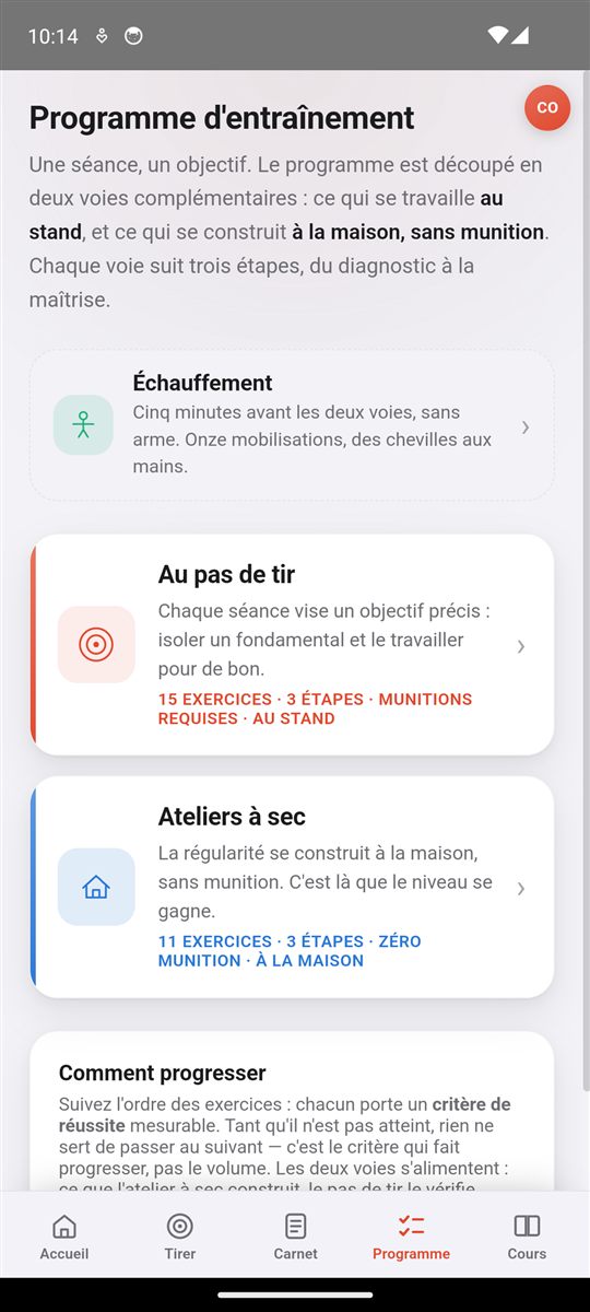 Programme d'entraînement : échauffement, voie au pas de tir et voie à sec.